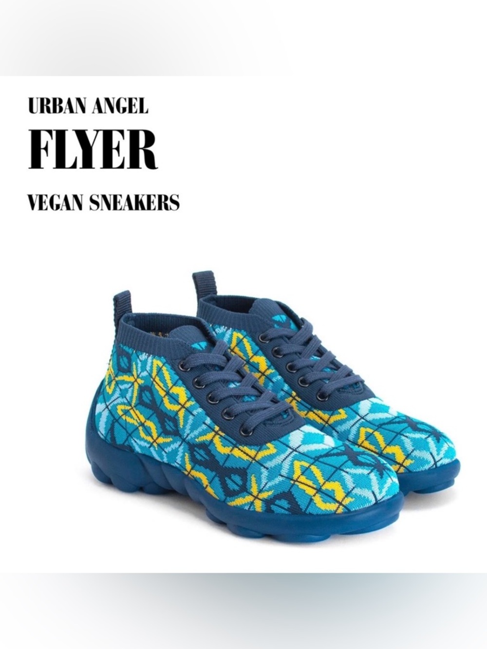 Fluevog NEARLY NEW Urban Angels Flyer vegan knitted blue/gold sneakers - fits 6